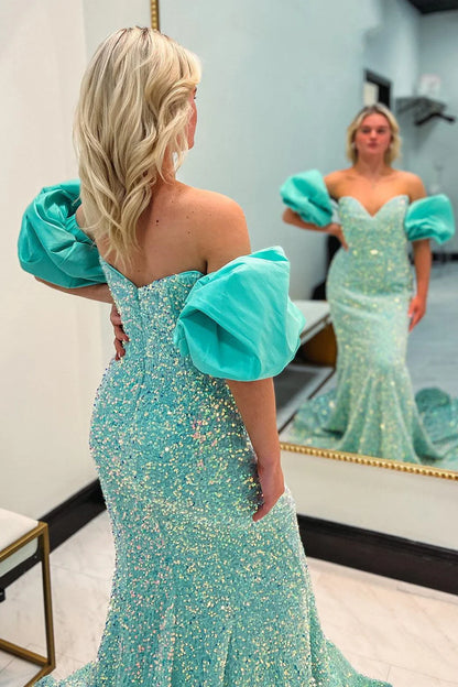 Mermaid Off The Shoulder Sweetheart Puff Sleeves Sequins Long Prom Dress