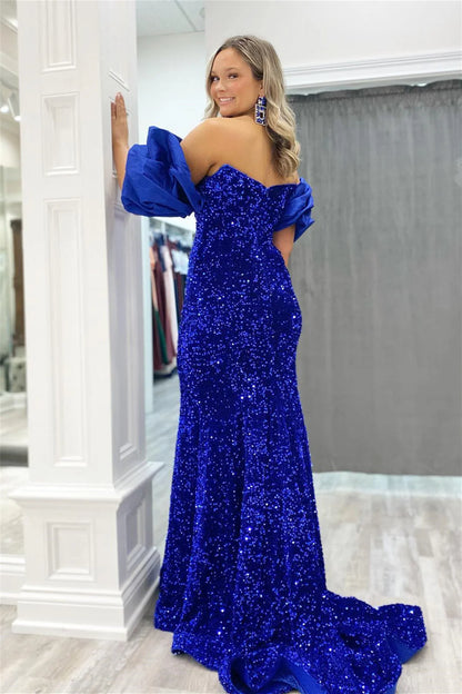 Mermaid Off The Shoulder Sweetheart Puff Sleeves Sequins Long Prom Dress