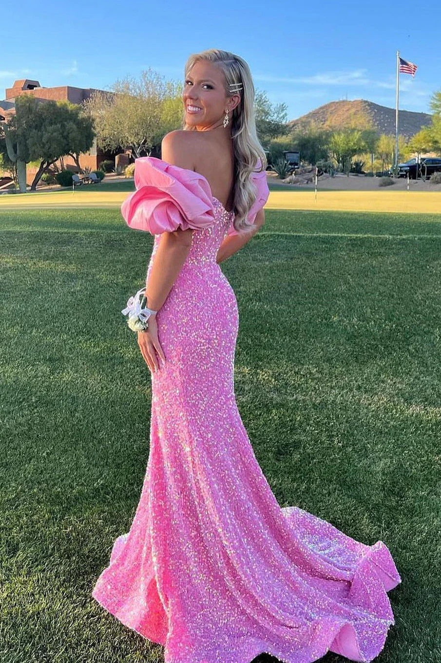 Mermaid Off The Shoulder Sweetheart Puff Sleeves Sequins Long Prom Dress