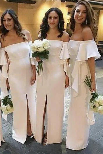 Mermaid Off the Shoulder Satin Floor Length Ivory Bridesmaid Dresses Slit Party Dresses