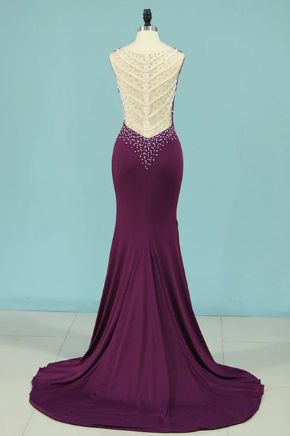 Mermaid Party Dresses V Neck Spandex With Beads And Slit