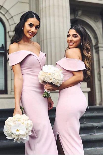 Mermaid Pink Off the Shoulder Sweetheart Long Bridesmaid Dresses