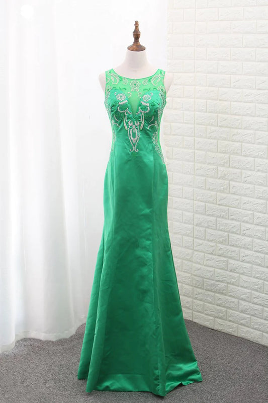 Mermaid Satin Scoop Party Dresses With Embroidery Floor Length