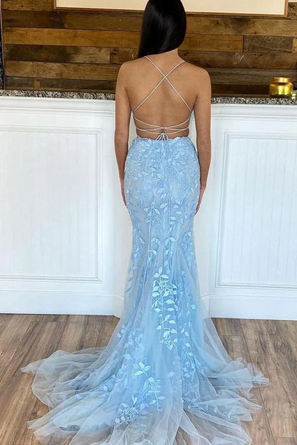 Mermaid Scoop Neck Two Piece Applique Lace Prom Dresses