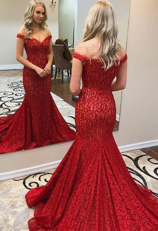 V Neckline Red Evening Dress Trumpets Shape Lace Prom Dress