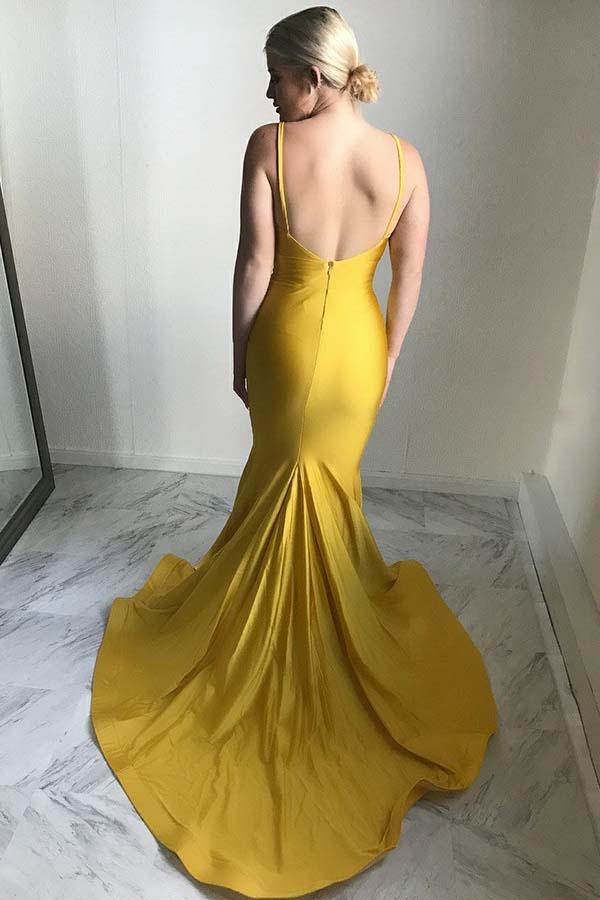 Mermaid Spaghetti Straps Satin Sweep Train Yellow Prom Dresses