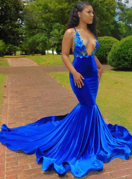 Mermaid Spaghetti Straps V Neck Royal Blue Velvet Backless Appliques Sweep Train Prom Dresses