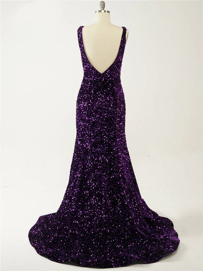 V-Neck Sweep Train Backless Straps Velvet Sequins Prom Dresses