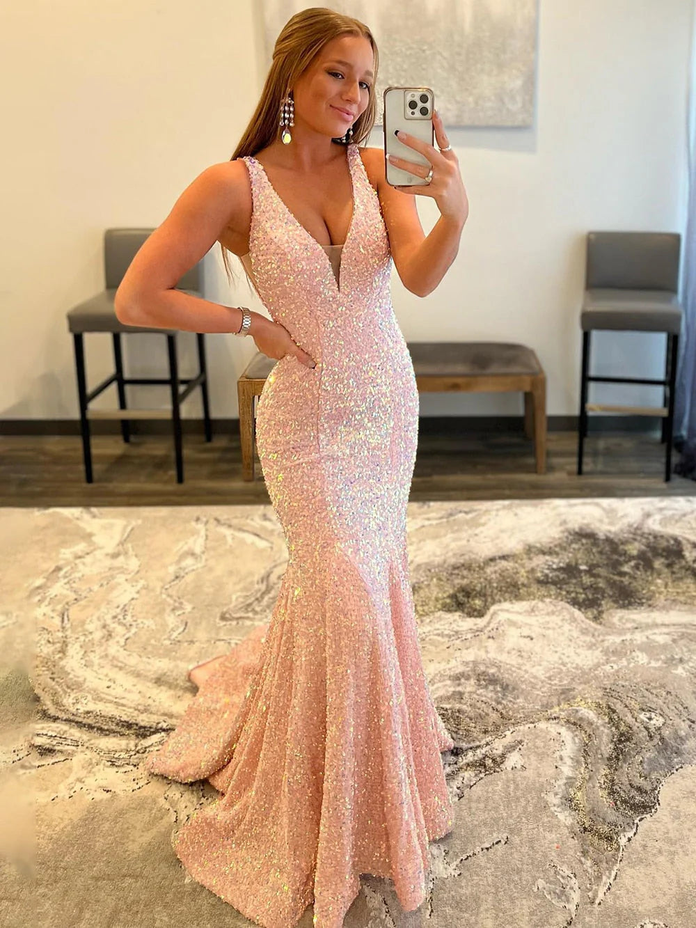 V-Neck Sweep Train Backless Straps Velvet Sequins Prom Dresses