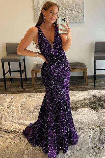 V-Neck Sweep Train Backless Straps Velvet Sequins Prom Dresses