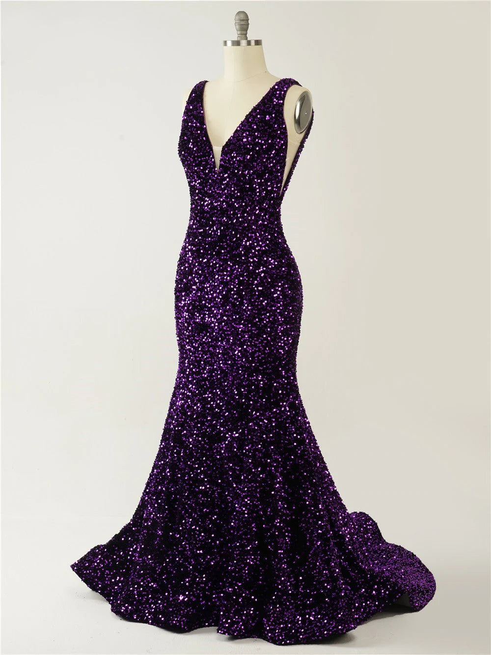 V-Neck Sweep Train Backless Straps Velvet Sequins Prom Dresses