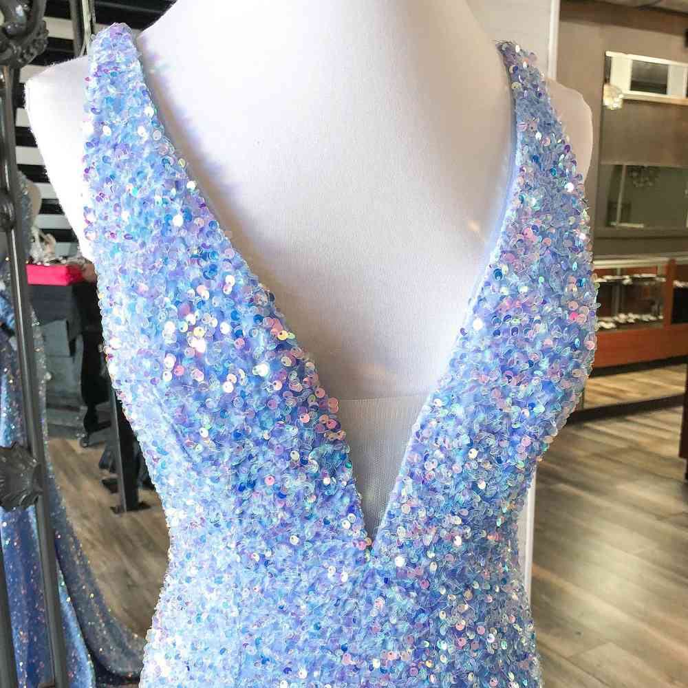 V-Neck Sweep Train Backless Straps Velvet Sequins Prom Dresses