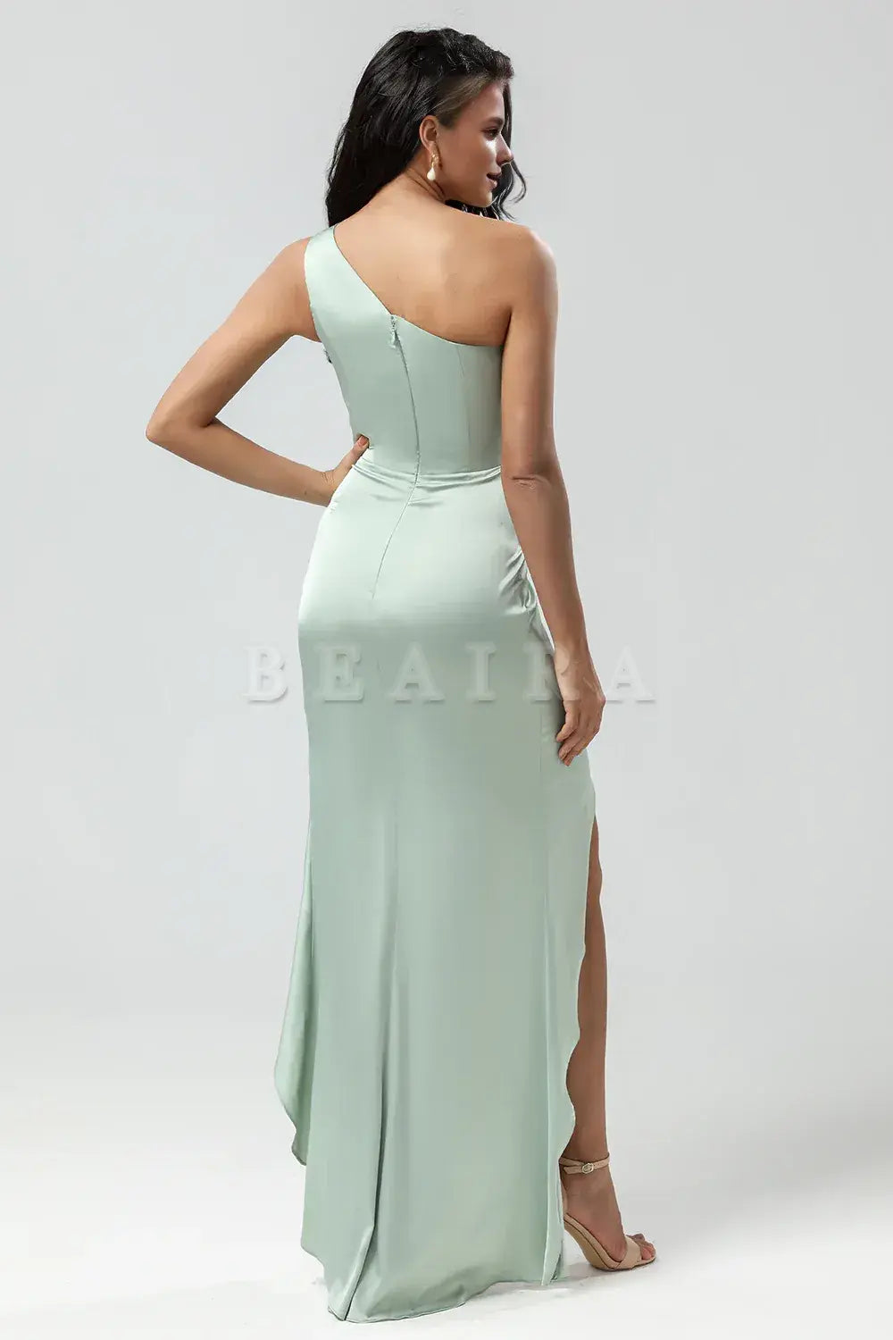 Beaira Mermaid One Shoulder Pleated Matcha Bridesmaid Dress with Ruffles Bridesmaid dress shop