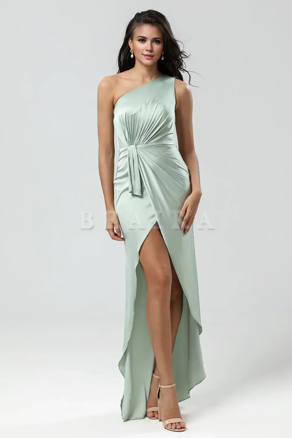 Beaira Mermaid One Shoulder Pleated Matcha Bridesmaid Dress with Ruffles Bridesmaid dress shop