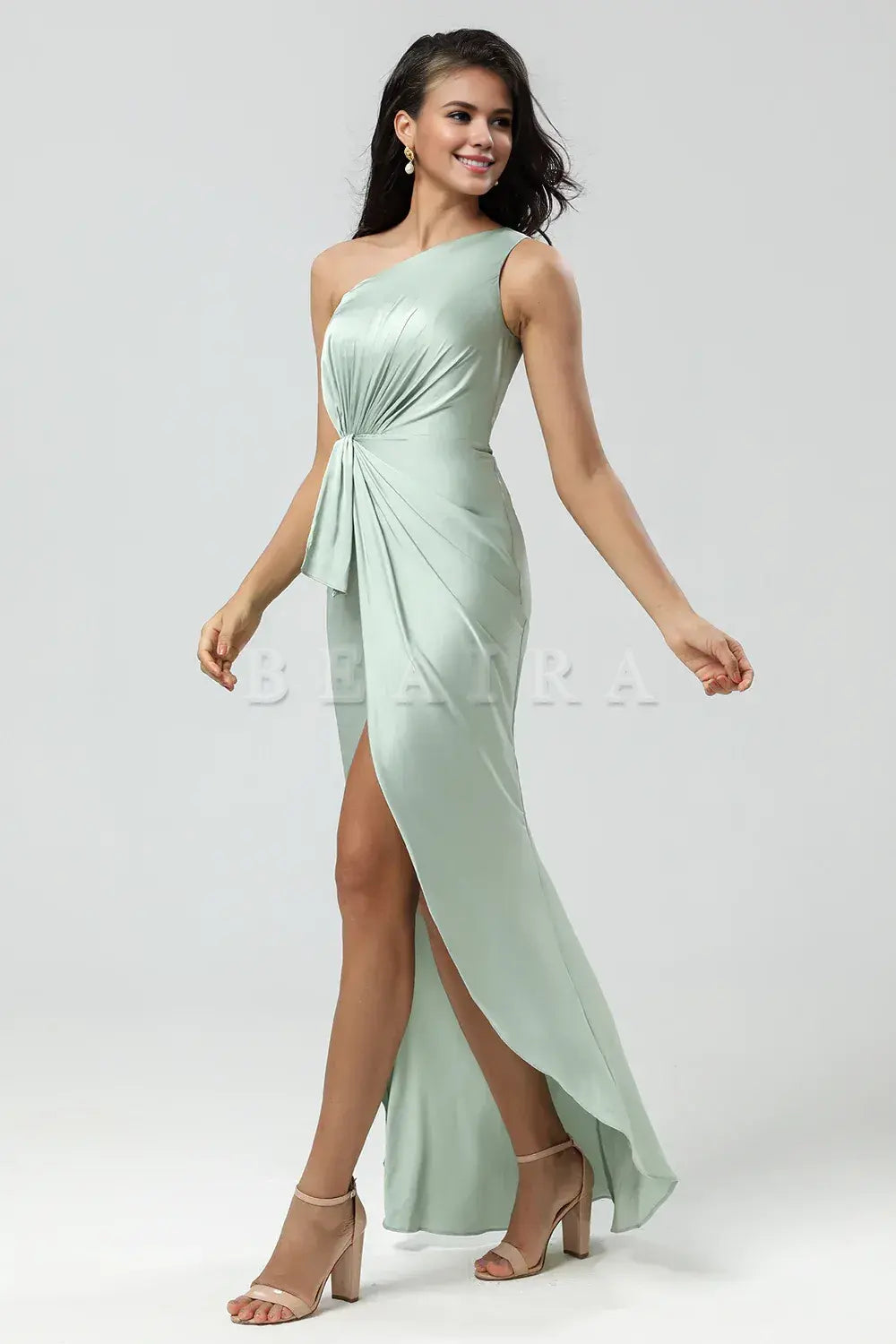 Beaira Mermaid One Shoulder Pleated Matcha Bridesmaid Dress with Ruffles Bridesmaid dress shop