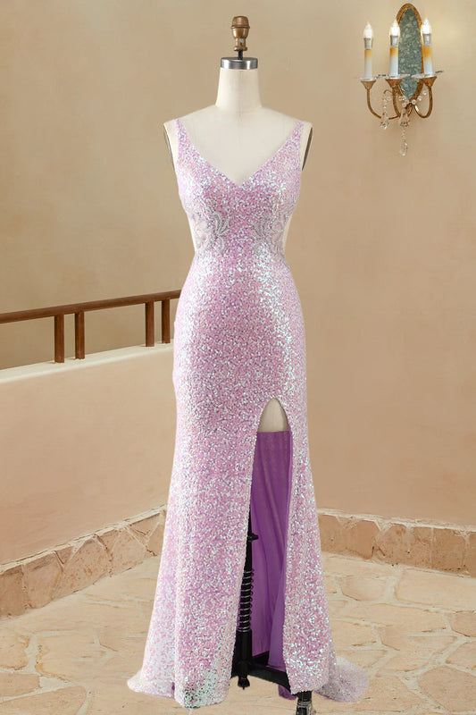 Mermaid/Trumpet V Neck Sleeveless Floor-Length Lilac Sequin Prom Dresses