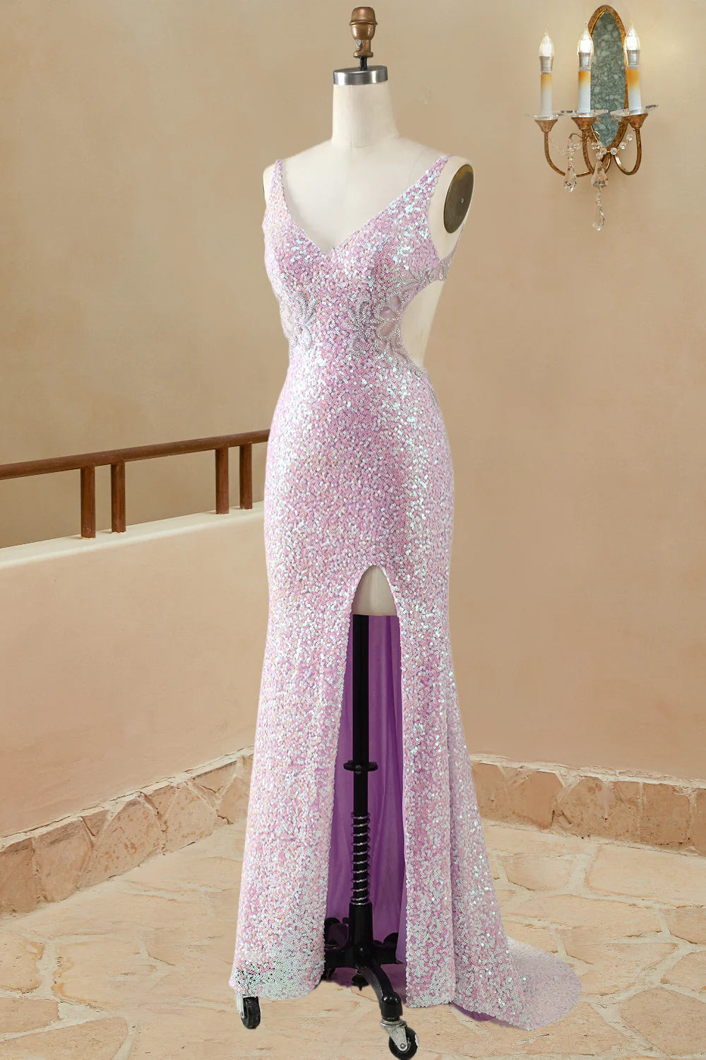 Mermaid/Trumpet V Neck Sleeveless Floor-Length Lilac Sequin Prom Dresses