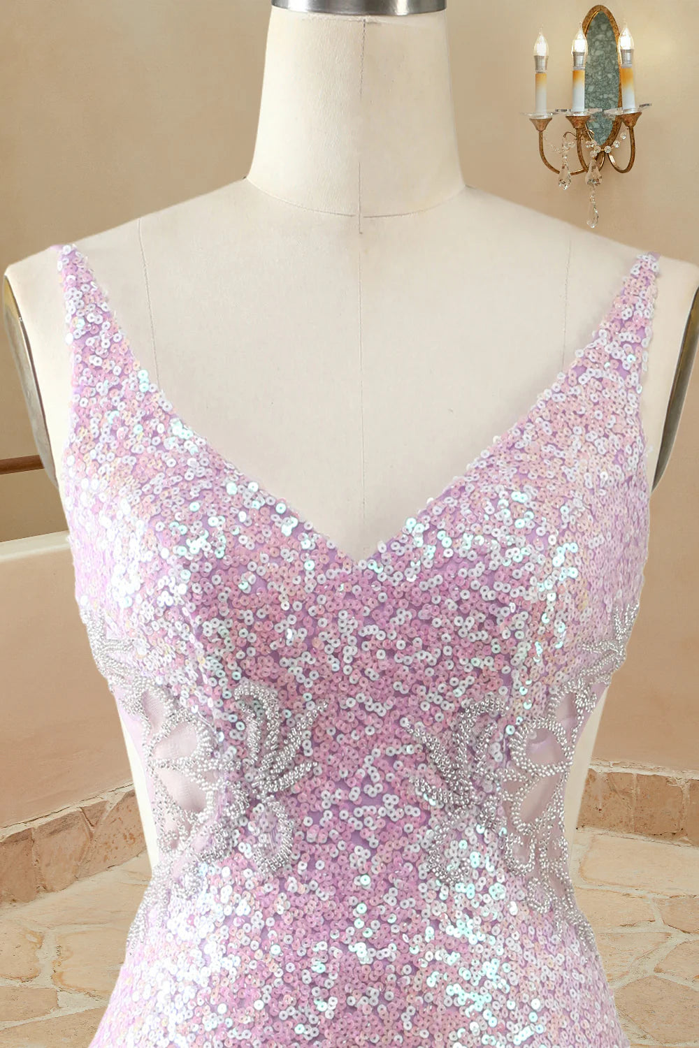 Mermaid/Trumpet V Neck Sleeveless Floor-Length Lilac Sequin Prom Dresses