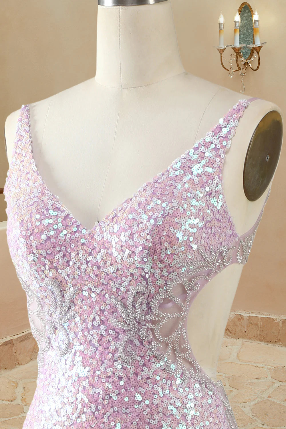 Mermaid/Trumpet V Neck Sleeveless Floor-Length Lilac Sequin Prom Dresses