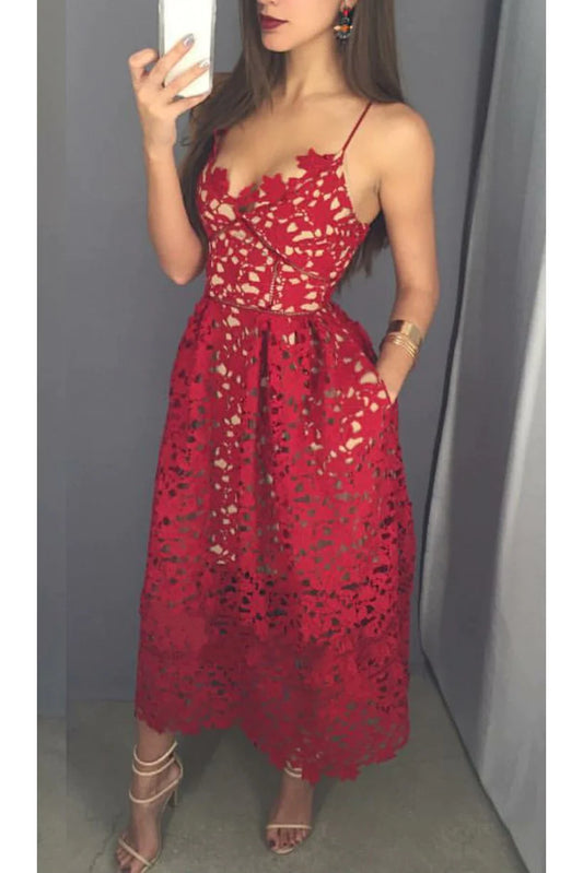 Mid-calf Red Lace Spaghetti Straps with Pockets Sweetheart Homecoming Dresses UK