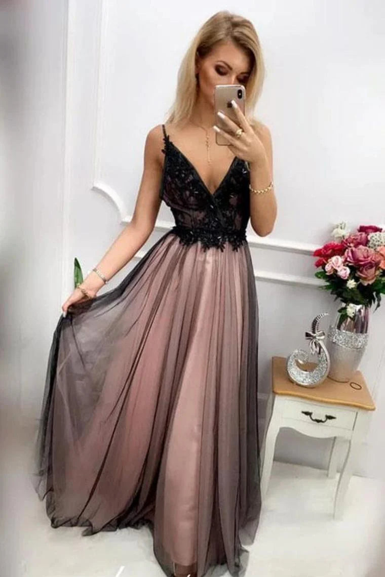 V Neck Tulle Long Prom Dress With Appliques, Floor Length Backless Formal Dress