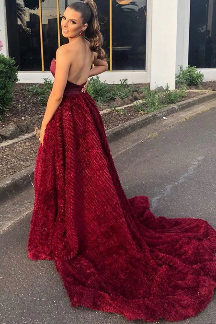 A-Line Strapless Burgundy Sleeveless Long Prom Dresses With Slit