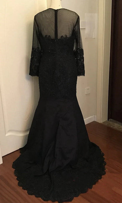 Modset Mermaid Black Long Sleeves Prom Evening Dress with Appliques