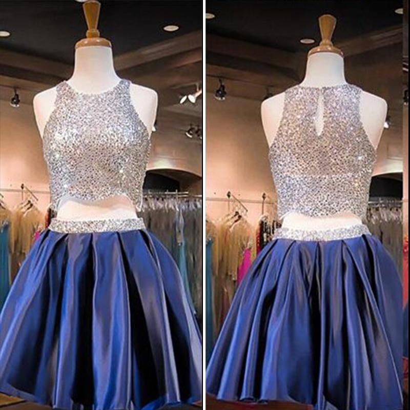 Navy Blue Two Piece Beading Short Prom Gown Hoco Dress Bling Homecoming Dress