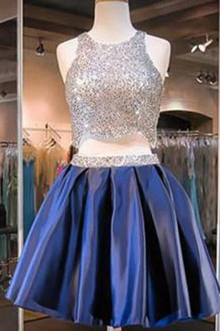 Navy Blue Two Piece Beading Short Prom Gown Hoco Dress Bling Homecoming Dress