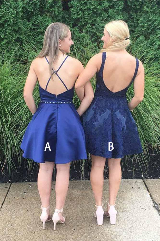 Navy Blue V Neck Homecoming Dresses Cute Short Cocktail Dresses with Pockets