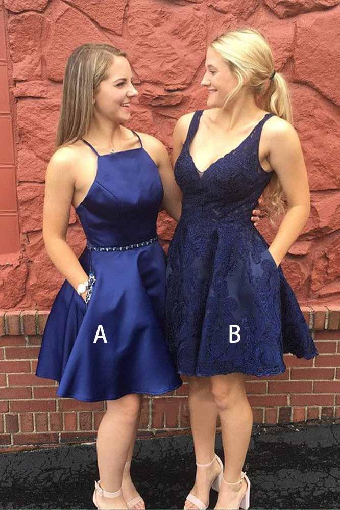 Navy Blue V Neck Homecoming Dresses Cute Short Cocktail Dresses with Pockets