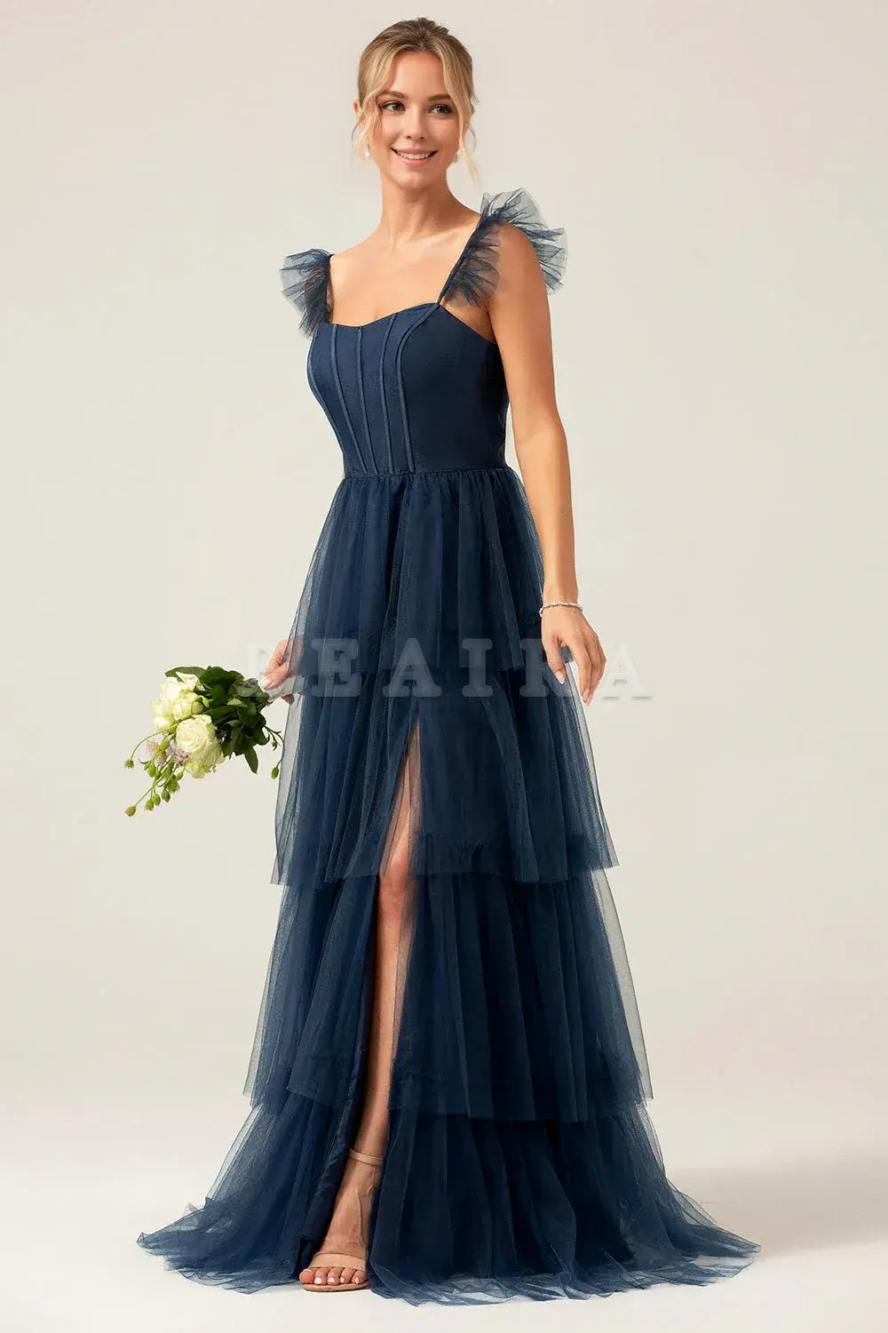 Beaira Navy A Line Spaghetti Straps Tiered Floor Length Tulle Bridesmaid Dress Bridesmaid dress shop