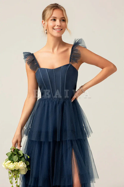 Beaira Navy A Line Spaghetti Straps Tiered Floor Length Tulle Bridesmaid Dress Bridesmaid dress shop