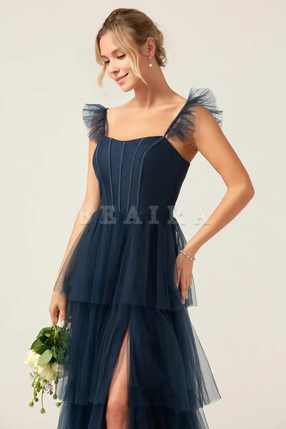 Beaira Navy A Line Spaghetti Straps Tiered Floor Length Tulle Bridesmaid Dress Bridesmaid dress shop