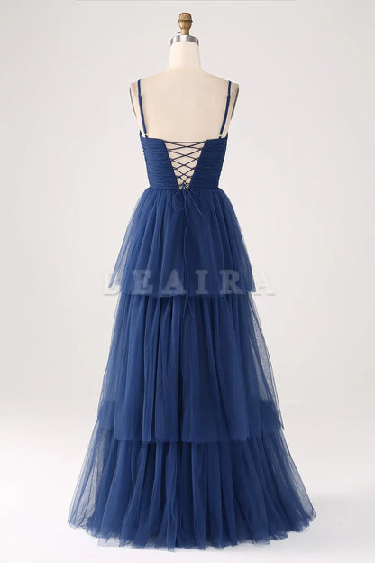 Beaira Navy A Line Spaghetti Straps Tulle Pleated Floor Length Bridesmaid Dress With Slit Bridesmaid dress shop