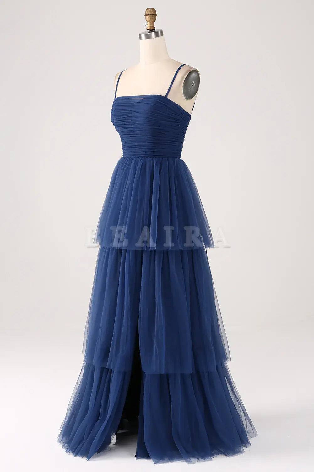 Beaira Navy A Line Spaghetti Straps Tulle Pleated Floor Length Bridesmaid Dress With Slit Bridesmaid dress shop