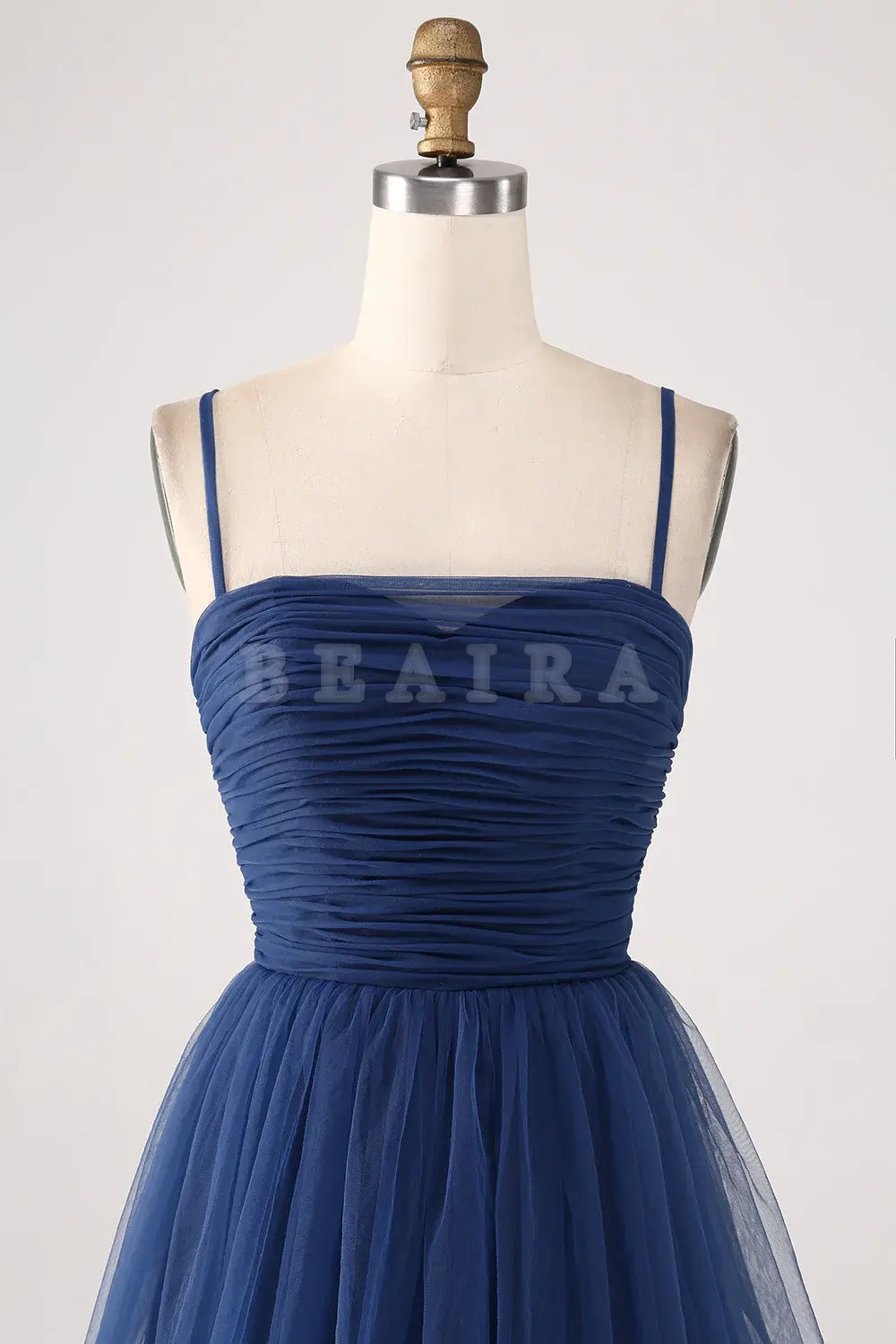 Beaira Navy A Line Spaghetti Straps Tulle Pleated Floor Length Bridesmaid Dress With Slit Bridesmaid dress shop