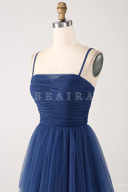 Beaira Navy A Line Spaghetti Straps Tulle Pleated Floor Length Bridesmaid Dress With Slit Bridesmaid dress shop