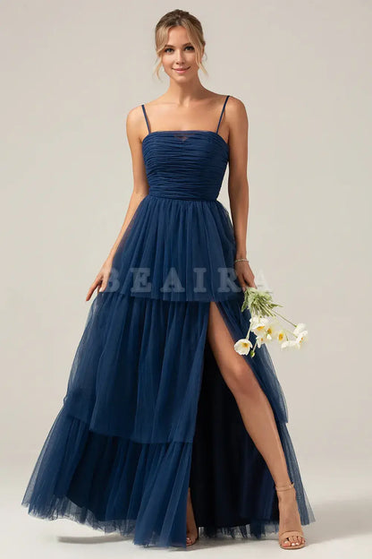 Beaira Navy A Line Spaghetti Straps Tulle Pleated Long Bridesmaid Dress With Slit Bridesmaid dress shop ﻿