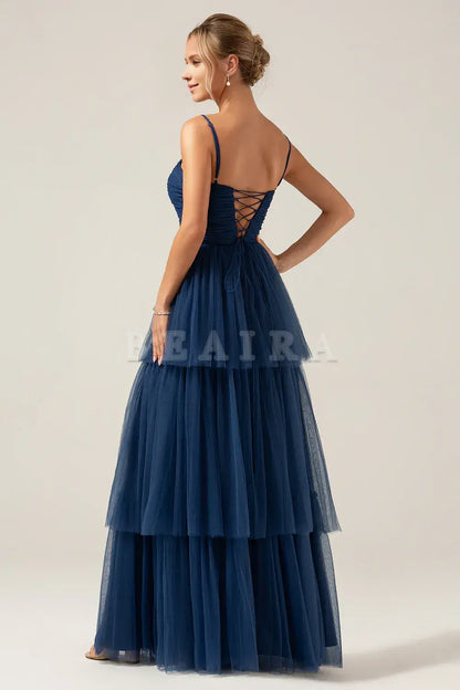 Beaira Navy A Line Spaghetti Straps Tulle Pleated Long Bridesmaid Dress With Slit Bridesmaid dress shop ﻿