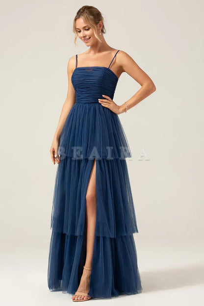 Beaira Navy A Line Spaghetti Straps Tulle Pleated Long Bridesmaid Dress With Slit Bridesmaid dress shop ﻿