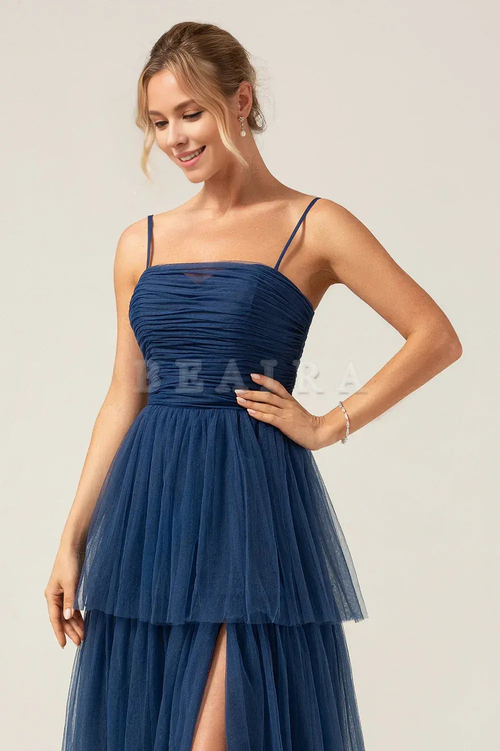 Beaira Navy A Line Spaghetti Straps Tulle Pleated Long Bridesmaid Dress With Slit Bridesmaid dress shop ﻿