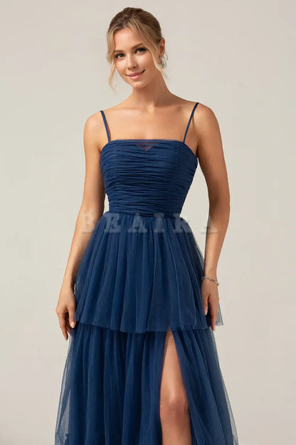 Beaira Navy A Line Spaghetti Straps Tulle Pleated Long Bridesmaid Dress With Slit Bridesmaid dress shop ﻿