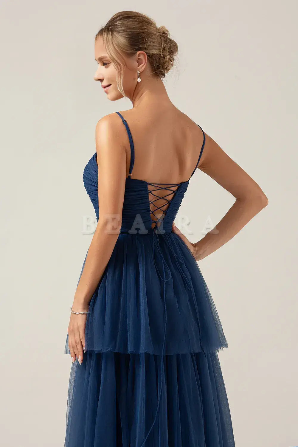 Beaira Navy A Line Spaghetti Straps Tulle Pleated Long Bridesmaid Dress With Slit Bridesmaid dress shop ﻿