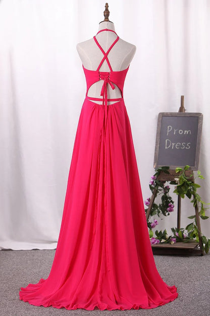 New Arrival A Line Chiffon Halter Open Back Party Dresses