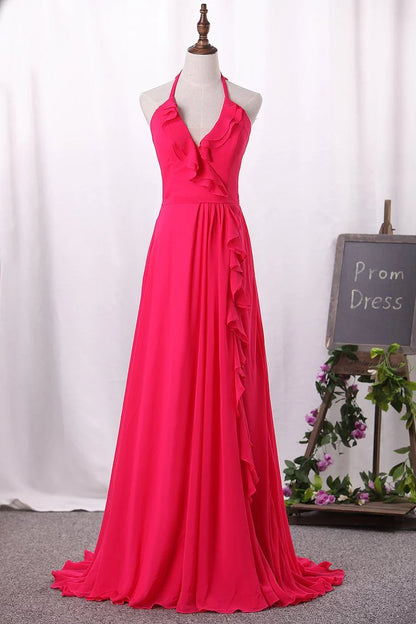 New Arrival A Line Chiffon Halter Open Back Party Dresses