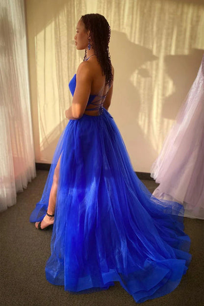 Arrival Charming V Neck Tulle Split Sweep Train Prom Dresses Evening Dresses