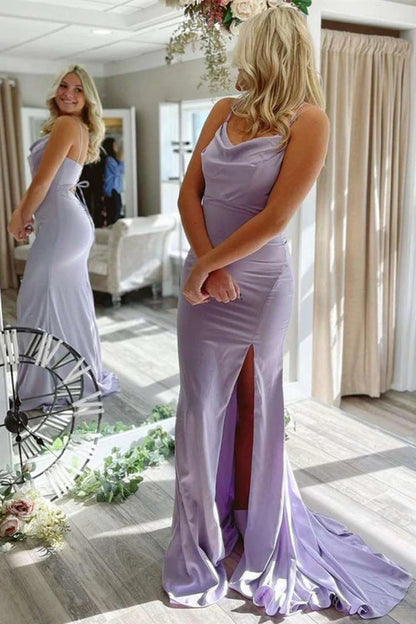 A Line Spaghetti Straps Lavender With Slit Satin Prom Dresses