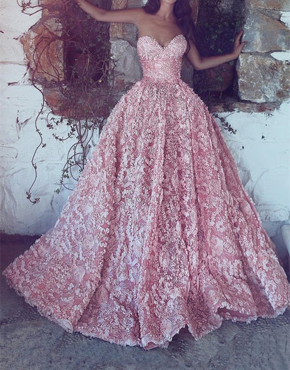 New Arrival Lace Prom Dresses Sweetheart A Line Sweep Train