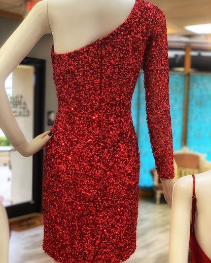 New Arrival One Shoulder Red Sequin Homecoming Dresses Sheath Short/Mini Long Sleeves Prom Dresses